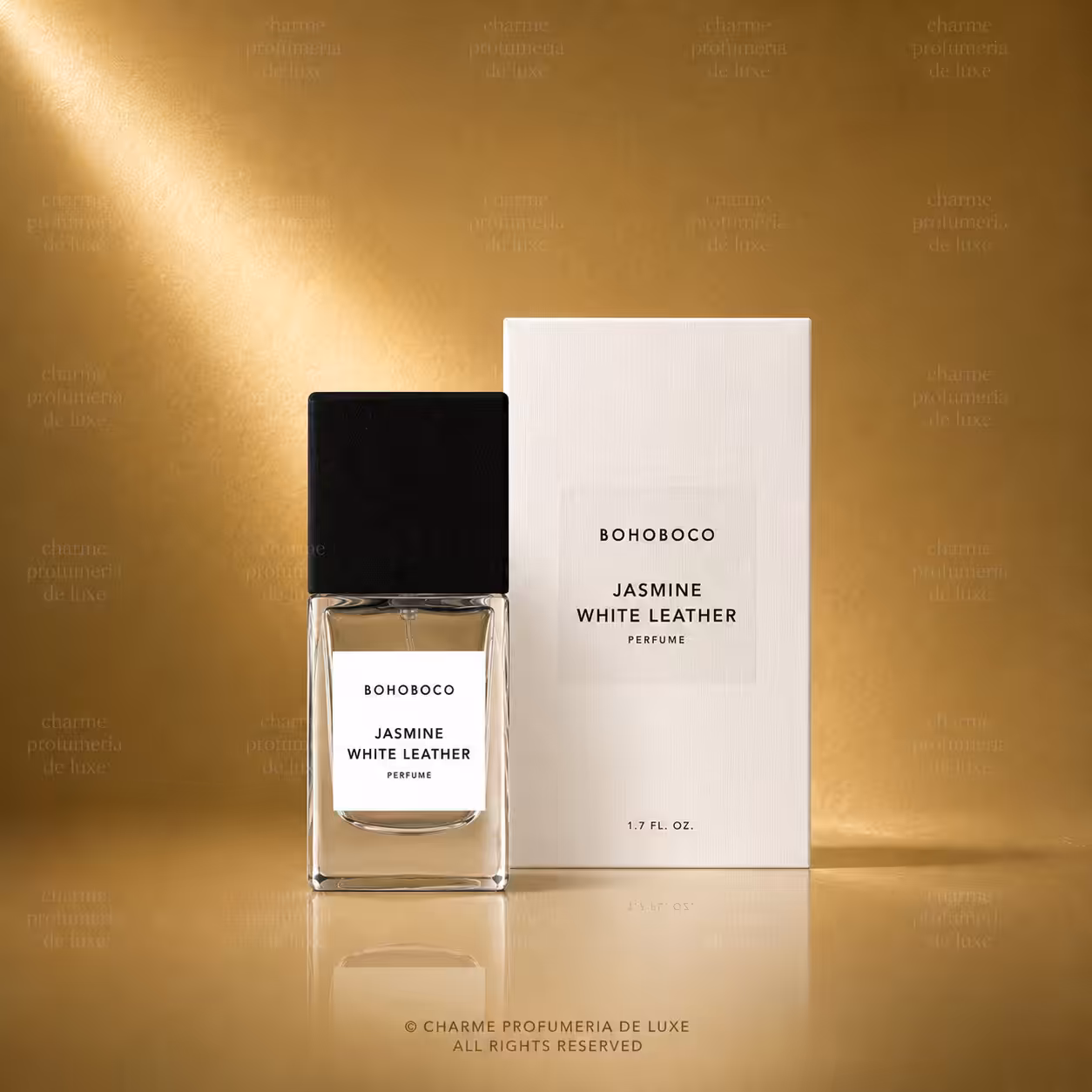 BOHOBOCO Jasmine White Leather profumo 50 ml con flacone e scatola su sfondo dorato