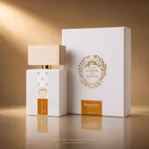 Giardini di Toscana Bianco Oro Eau de Parfum 100 ml con flacone bianco e confezione, profumo di nicchia su sfondo dorato