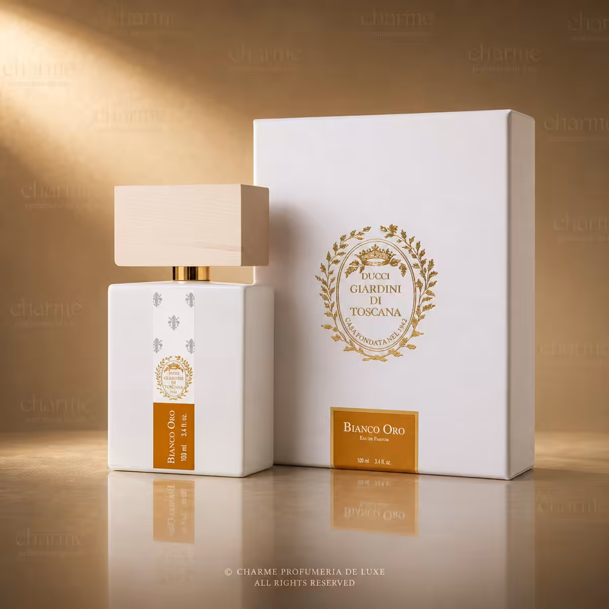 Giardini di Toscana Bianco Oro Eau de Parfum 100 ml con flacone bianco e confezione, profumo di nicchia su sfondo dorato