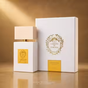 Giardini di Toscana Christos Eau de Parfum 100 ml con flacone bianco e confezione, profumo di nicchia su sfondo luxury dorato