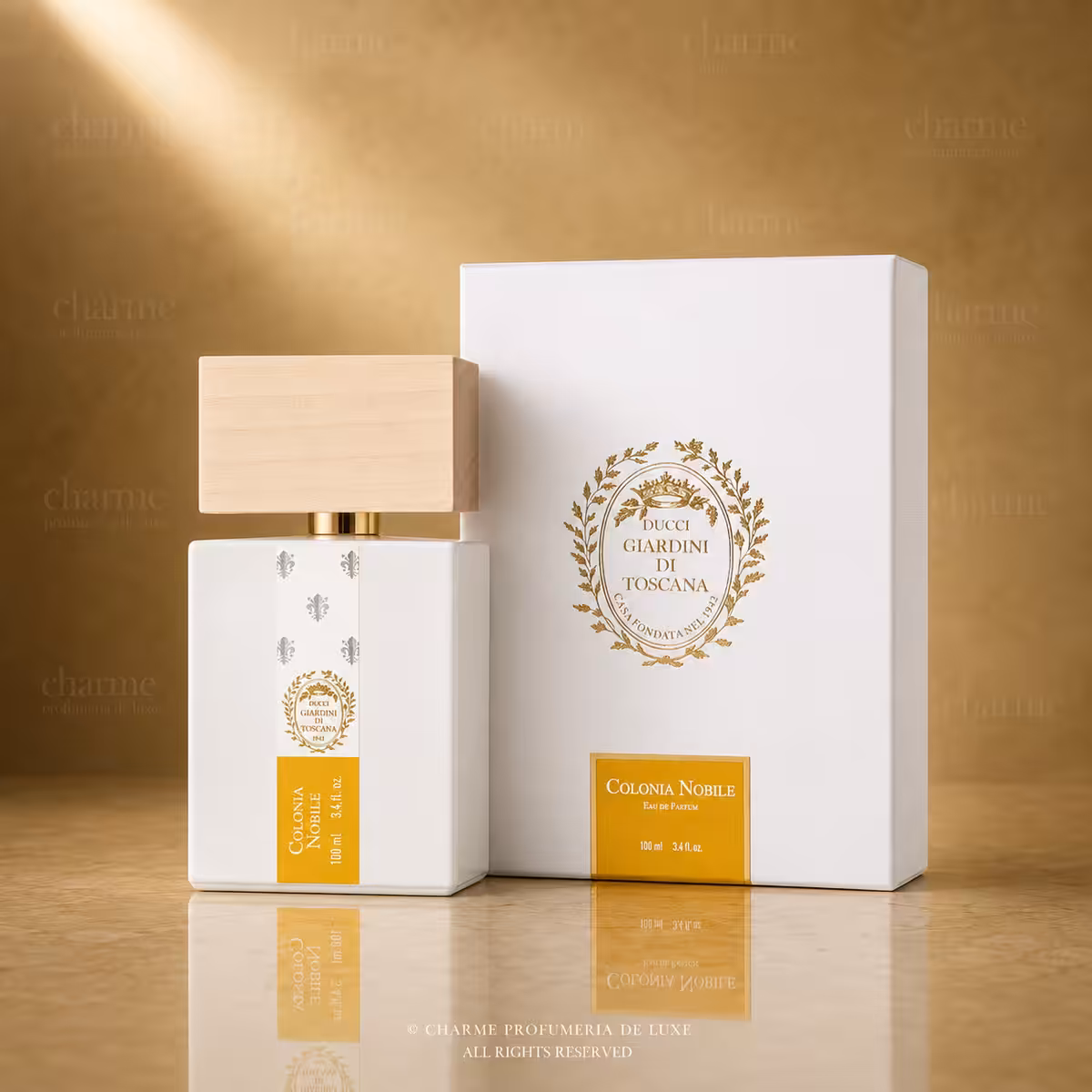 Giardini di Toscana Colonia Nobile Eau de Parfum 100 ml con flacone bianco e confezione, profumo di nicchia su sfondo dorato luxury