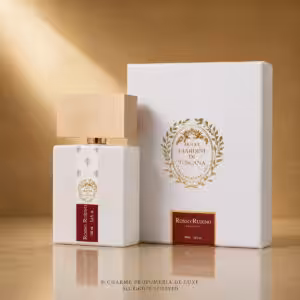 Giardini di Toscana Rosso Rubino Eau de Parfum 100 ml con flacone bianco, etichetta rossa e confezione su sfondo dorato
