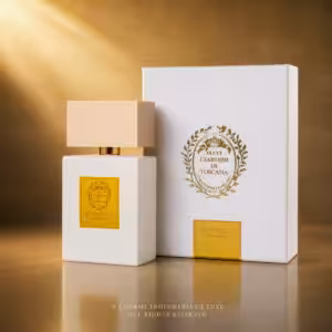 Giardini di Toscana Scintilla Eau de Parfum 100 ml con flacone bianco e confezione, profumo di nicchia su sfondo dorato luxury
