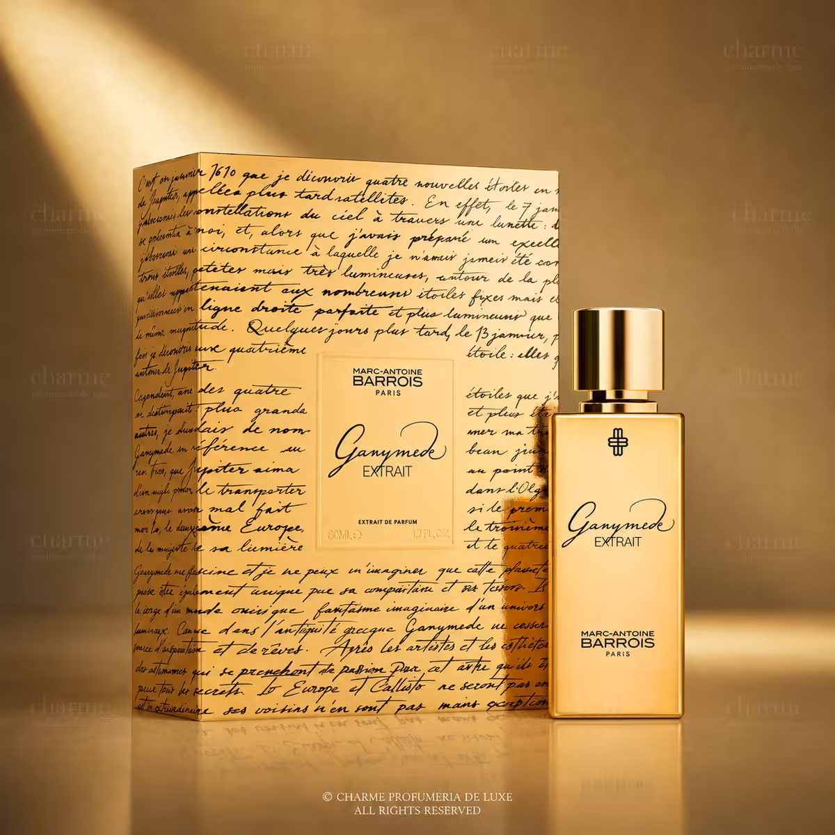 Marc-Antoine Barrois Ganymede Extrait de Parfum 50 ml con confezione, profumo di nicchia su sfondo luxury dorato Charme Profumeria