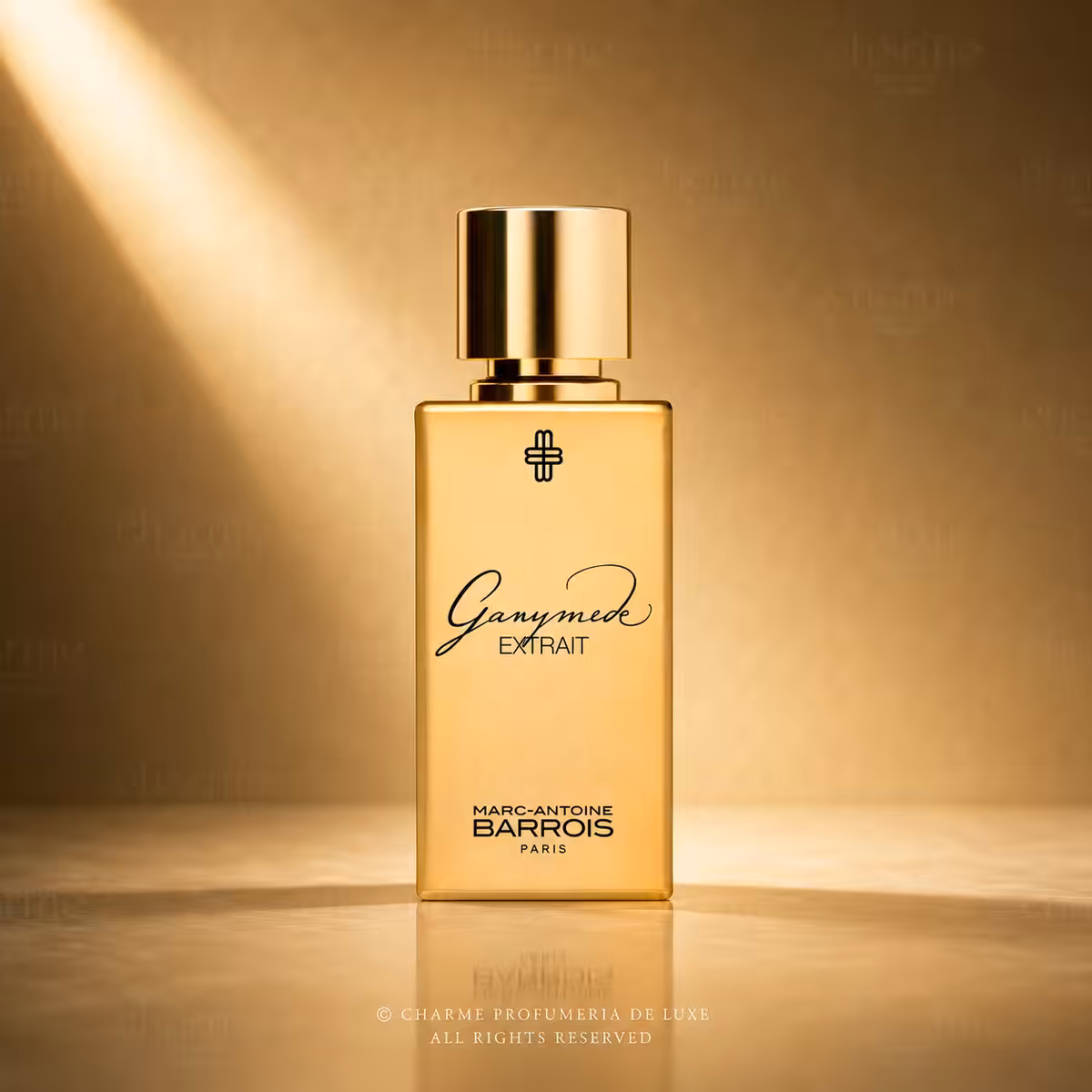 Marc-Antoine Barrois Ganymede Extrait de Parfum 50 ml flacone, profumo di nicchia su sfondo luxury dorato Charme Profumeria