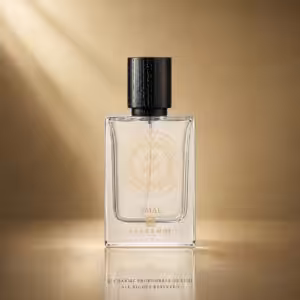 Eau de Moe Amal, profumo di nicchia in flacone trasparente con dettagli oro, packshot luxury e-commerce Charme Profumeria
