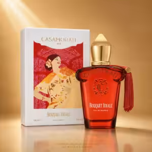 Red glass perfume bottle with gold cap and red tassel, labeled Bouquet Ideale by Casamorati, beside its white box with a colorful artwork showing a woman in a kimono.