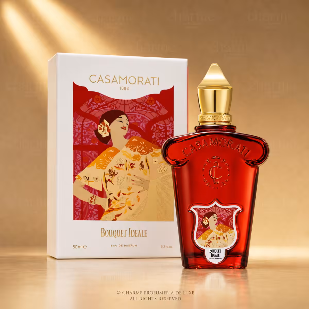 Xerjoff Casamorati Bouquet Ideale Eau de Parfum 30 ml con confezione, profumo di nicchia su sfondo luxury dorato Charme Profumeria