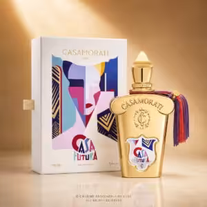 Xerjoff Casamorati Casafutura Eau de Parfum 100 ml con confezione, profumo di nicchia su sfondo luxury dorato Charme Profumeria