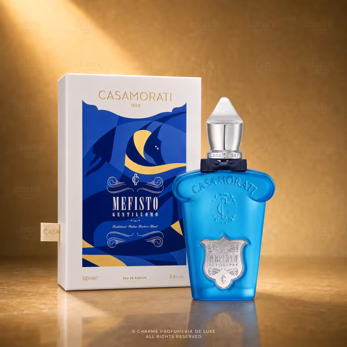 Xerjoff Casamorati Mefisto Gentiluomo Eau de Parfum 100 ml con confezione, profumo di nicchia maschile su sfondo luxury dorato Charme Profumeria
