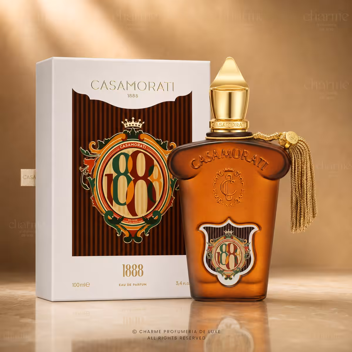 Xerjoff Casamorati 1888 Eau de Parfum 100 ml con confezione, profumo di nicchia su sfondo luxury dorato Charme Profumeria