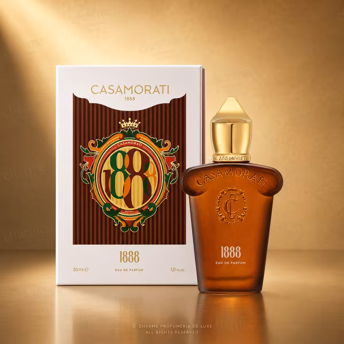 Xerjoff Casamorati 1888 Eau de Parfum 30 ml con confezione, profumo di nicchia su sfondo luxury dorato Charme Profumeria