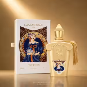 Xerjoff Casamorati Fiore d'Ulivo Eau de Parfum 100 ml con confezione, profumo di nicchia floreale su sfondo luxury dorato Charme Profumeria