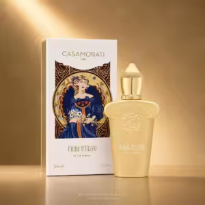Xerjoff Casamorati Fiore d'Ulivo Eau de Parfum 30 ml con confezione, profumo di nicchia floreale su sfondo luxury dorato Charme Profumeria