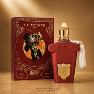 Xerjoff Casamorati Italica Eau de Parfum 100 ml con confezione, profumo di nicchia gourmand su sfondo luxury dorato Charme Profumeria