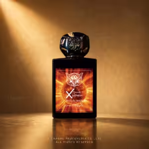 Lorenzo Pazzaglia Sweet Xplosion Extrait de Parfum 50 ml, flacone nero con etichetta arancio e rossa su sfondo dorato Charme Profumeria de Luxe