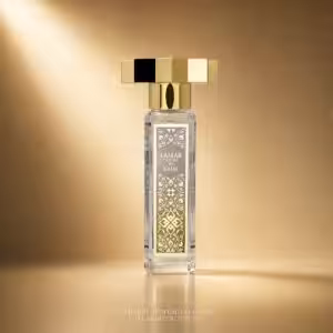 Crystal perfume bottle with a large geometric gold cap on a warm gold backdrop; label reads 'LAMAR CAVIAR BY KAJAL'.