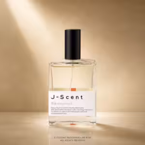 Clear glass perfume bottle with black cap on a warm beige background; label reads 'J-Scent Hanamachi'.
