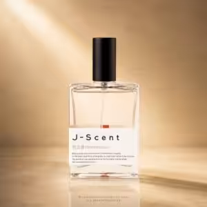 Perfume bottle with a black cap on a warm beige background; label reads ‘J-Scent’ and ‘Hanamizake’ with small text underneath.