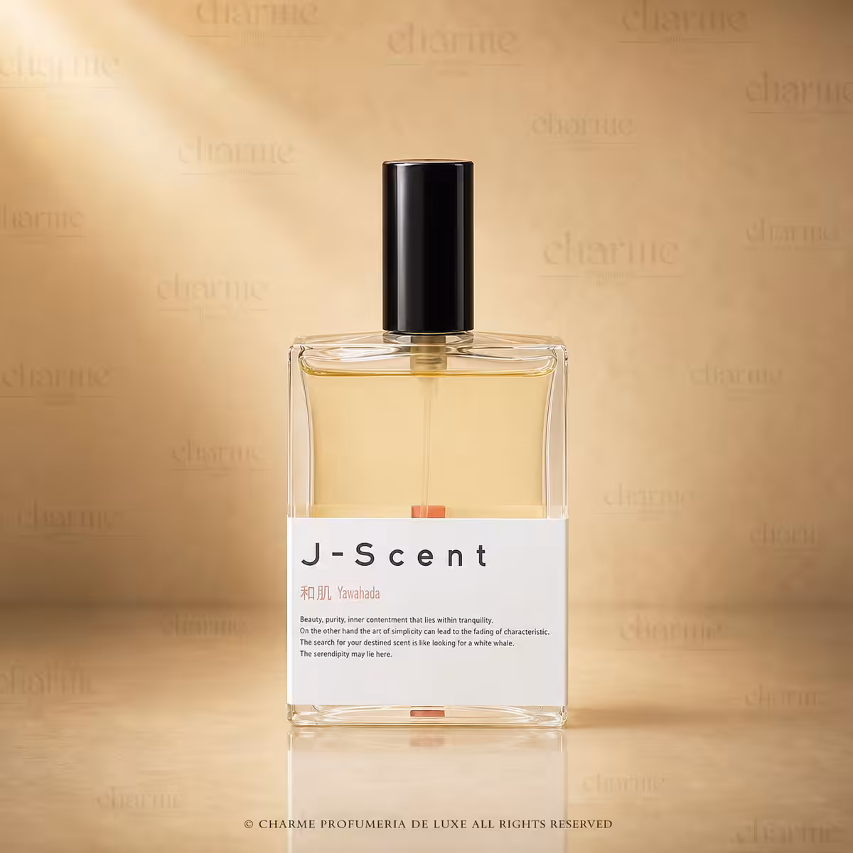 J-Scent Yawahada Eau de Parfum 50 ml, secondo packshot frontale su sfondo champagne Charme Profumeria.