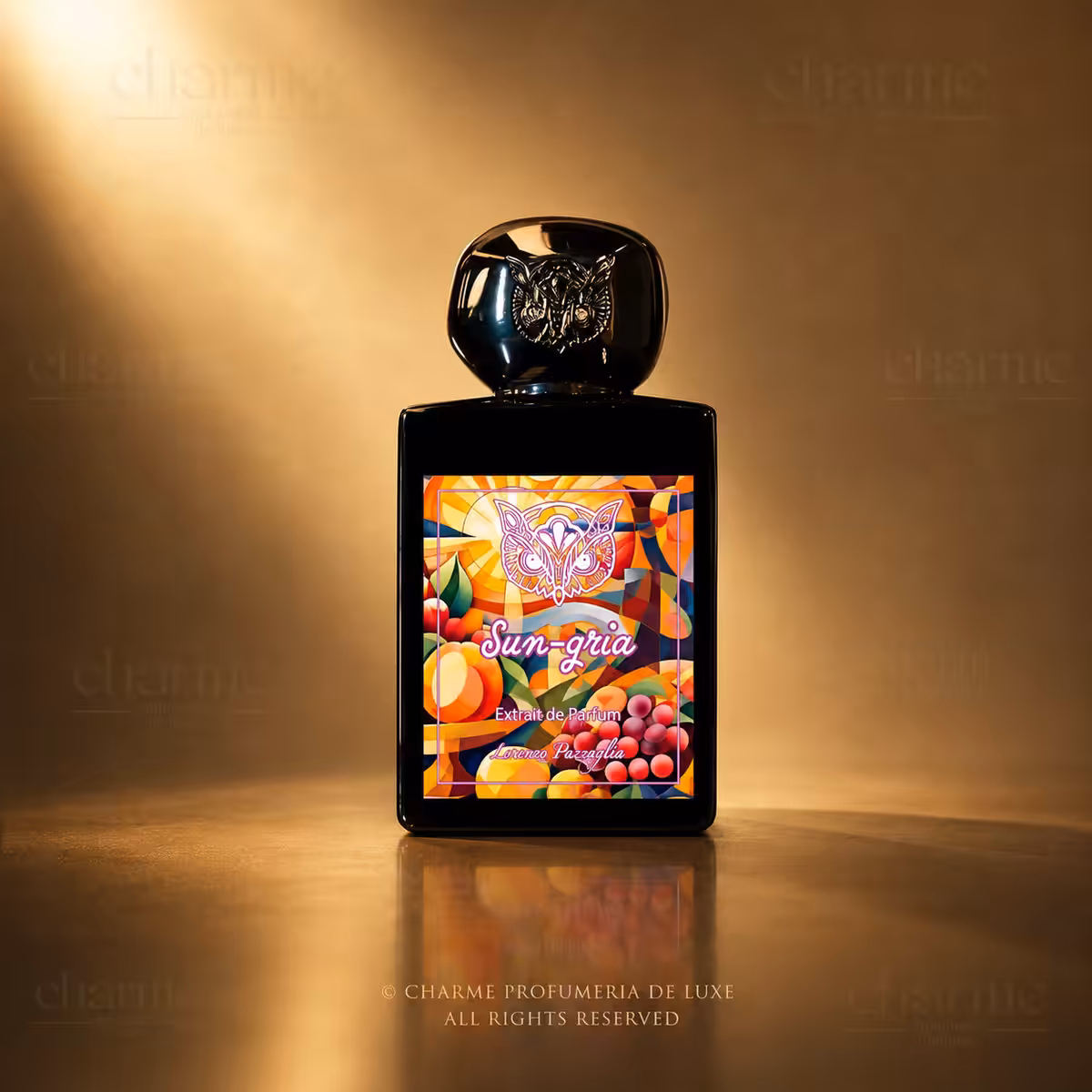 Black glossy perfume bottle with a rounded ornamental cap, colorful label reading Sun-gria, on a warm amber background.