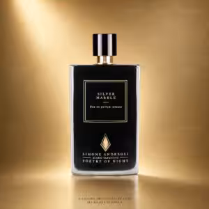 Simone Andreoli Silver Marble Eau de Parfum Intense packshot luxury su sfondo dorato, profumo di nicchia per e-commerce Charme Profumeria de Luxe