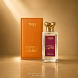 Nobile 942 Castelli di Sabbia perfume bottle with an orange textured box against a warm gold background.
