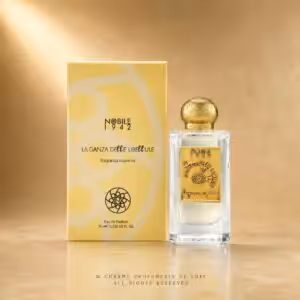 Nobile 1942 La Danza delle Libellule Eau de Parfum 75 ml, fragranza suprema con flacone e confezione gialla in packshot luxury su sfondo oro champagne per Charme Profumeria de Luxe
