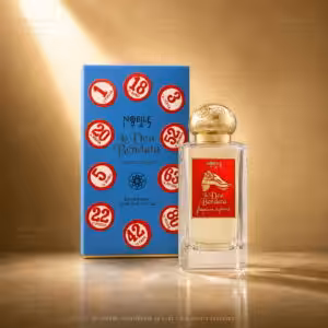 Nobile 1942 La Dea Bendata Eau de Parfum 75 ml, fragranza suprema in packshot luxury con flacone e confezione su sfondo oro champagne per Charme Profumeria de Luxe