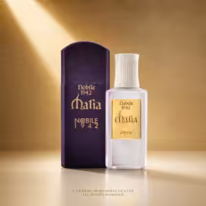Nobile 1942 Malia Extrait de Parfum 75 ml, profumo di nicchia con flacone chiaro e astuccio viola in packshot premium per Charme Profumeria de Luxe