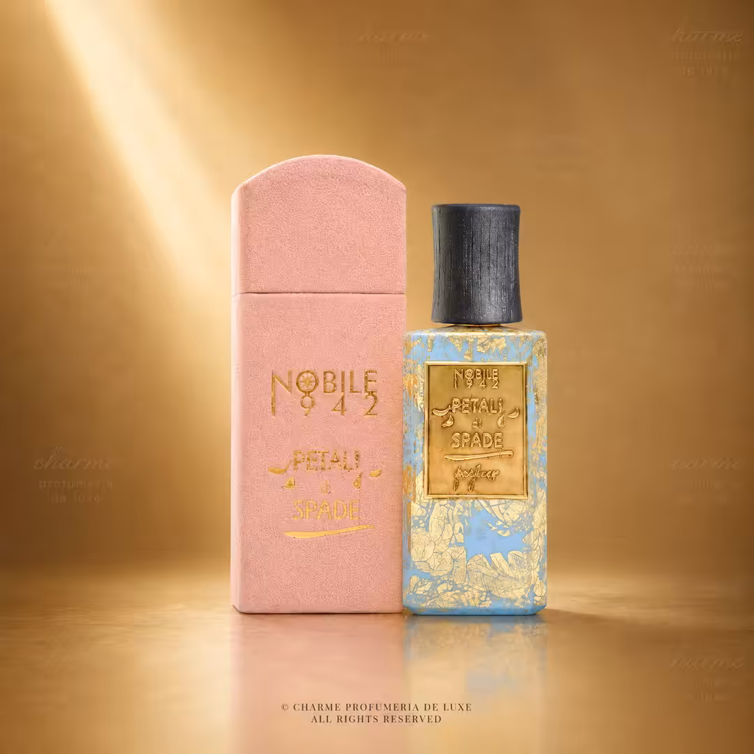 Nobile 1942 Petali di Spade Extrait de Parfum 75 ml, profumo di nicchia con flacone decorato e astuccio rosa in packshot luxury per Charme Profumeria