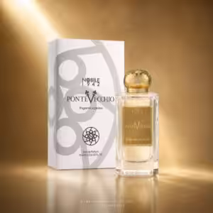 Nobile 1942 Ponte Vecchio Eau de Parfum 75 ml, fragranza suprema con flacone e confezione in packshot luxury su sfondo oro champagne per Charme Profumeria de Luxe