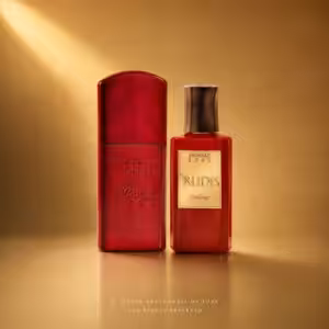 Nobile 1942 Rudis Extrait de Parfum 75 ml, fragranza artistica con flacone rosso e cofanetto coordinato in packshot luxury su sfondo oro, fragranza artistica con flacone rosso e cofanetto coordinato in packshot luxury su sfondo oro