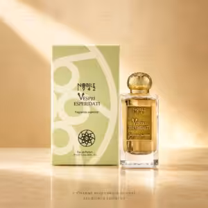 Nobile 1942 Vespri Esperidati Eau de Parfum 75 ml, profumo di nicchia con flacone e confezione verde in packshot luxury su sfondo oro champagne