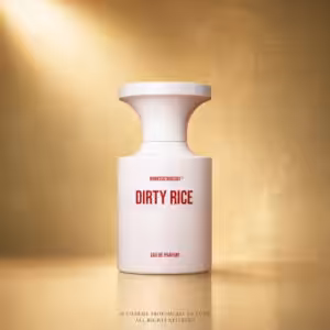 Borntostandout Dirty Rice Eau de Parfum 50 ml, profumo di nicchia in packshot luxury su sfondo oro champagne per Charme Profumeria de Luxe