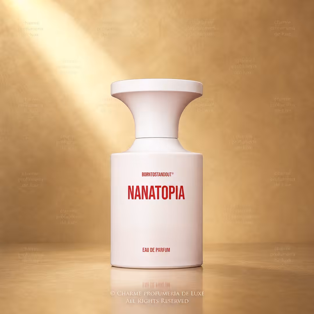 Borntostandout Nanatopia Eau de Parfum 50 ml, profumo di nicchia in flacone luxury su sfondo oro champagne per Charme Profumeria