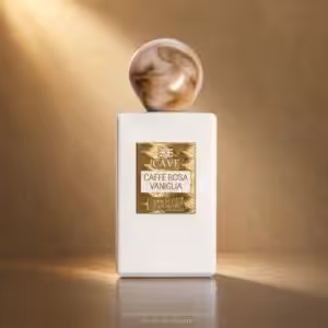 CAVE Caffè Rosa Vaniglia Extrait de Parfum, profumo di nicchia con flacone bianco e tappo beige marmorizzato - Charme Profumeria