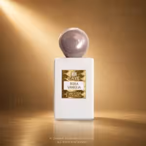 CAVE Rosa Vaniglia Extrait de Parfum, profumo di nicchia con flacone bianco e tappo rosa malva - Charme Profumeria