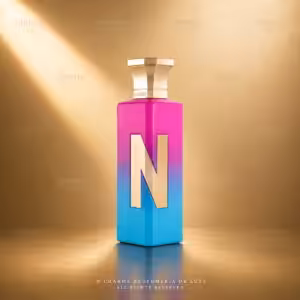 Profumo Naseem Purple Blue Eau de Parfum, flacone sfumato rosa e azzurro con grande N dorata.