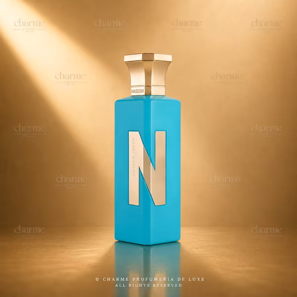 Profumo Naseem Twin Paradise Eau de Parfum, flacone turchese con grande N dorata su sfondo luxury.