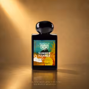 Lorenzo Pazzaglia Summer Hammer Extrait de Parfum 50 ml, flacone nero con etichetta tropicale su sfondo dorato Charme Profumeria de Luxe