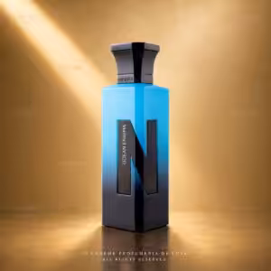 Profumo Naseem Ocean Enigma Eau de Parfum, flacone blu e nero con grande N scura su sfondo luxury