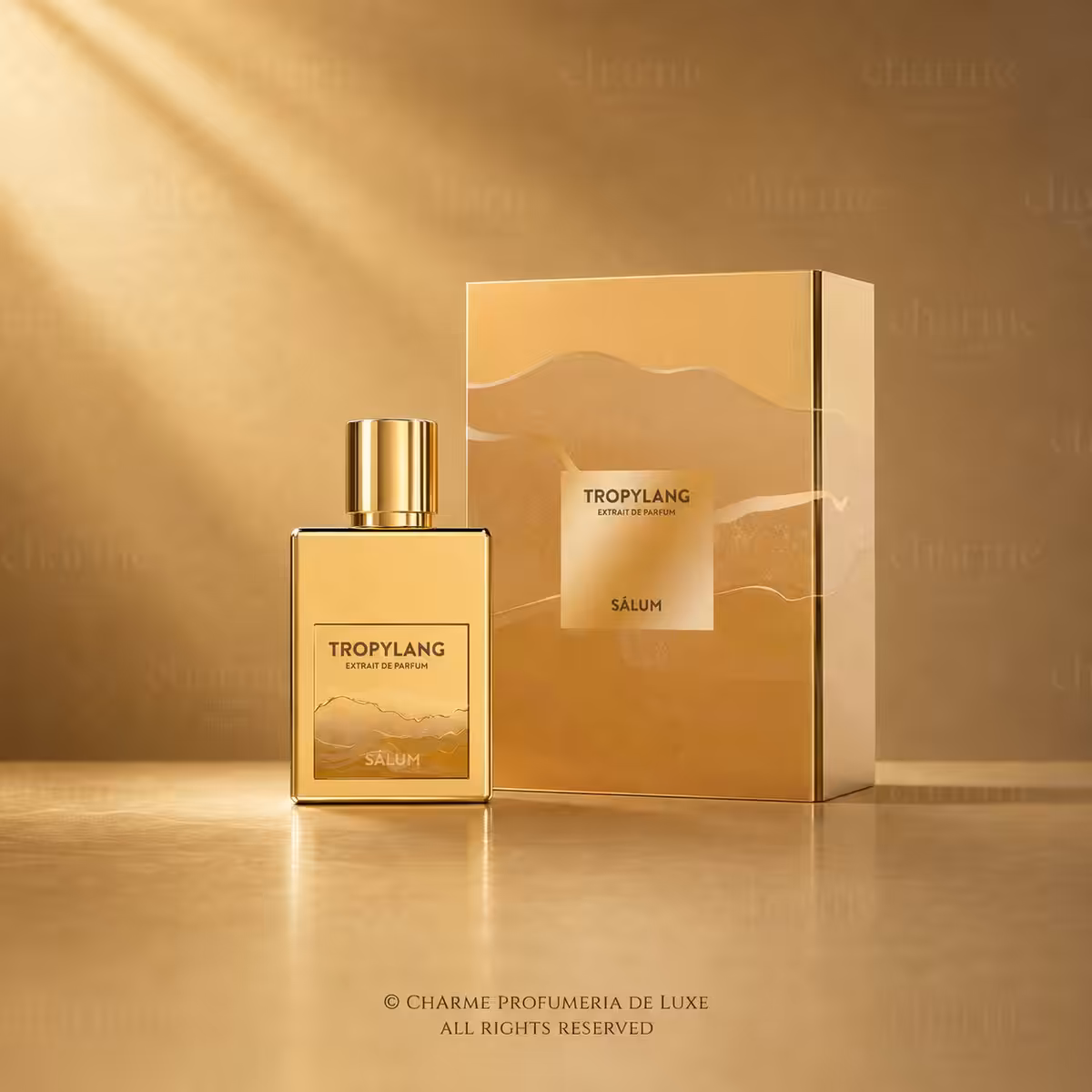 Salum Tropylang Extrait de Parfum 50 ml, flacone e confezione dorati fotografati in stile e-commerce luxury.