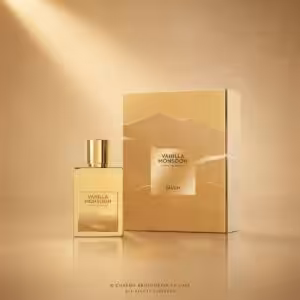 Salum Vanilla Monsoon Extrait de Parfum 50 ml, flacone dorato con confezione su sfondo champagne.