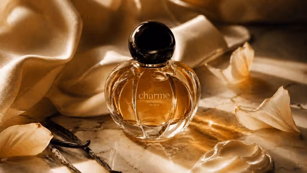 Luxurious glass perfume bottle with amber fragrance on marble, surrounded by silk and petals.