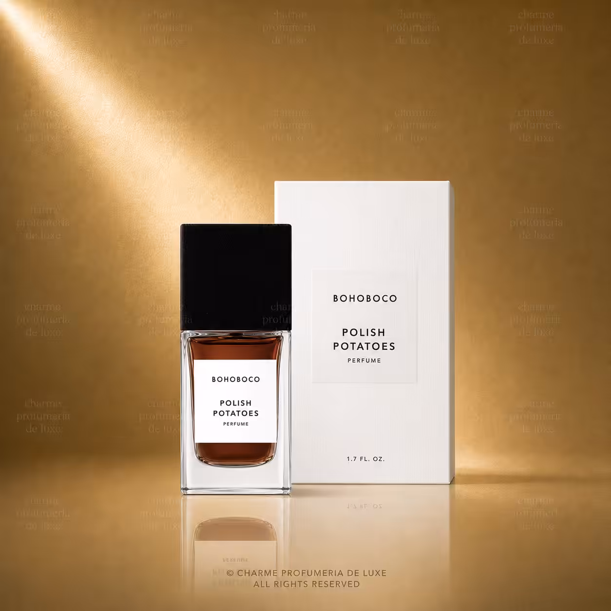 BOHOBOCO Polish Potatoes profumo 50 ml con flacone e scatola su sfondo dorato