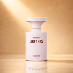 Borntostandout Dirty Rice Eau de Parfum 100 ml, profumo di nicchia in packshot luxury su sfondo oro champagne per Charme Profumeria de Luxe