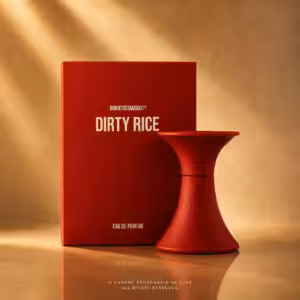 Borntostandout Dirty Rice Eau de Parfum 15 ml, packshot luxury con flacone rosso e confezione su sfondo dorato per Charme Profumeria