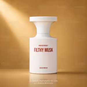 Borntostandout Filthy Musk Eau de Parfum 100 ml, profumo di nicchia in packshot luxury su sfondo oro champagne per Charme Profumeria de Luxe