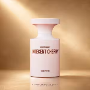 Borntostandout Indecent Cherry Eau de Parfum 100 ml, profumo di nicchia in packshot luxury su sfondo oro champagne per Charme Profumeria de Luxe